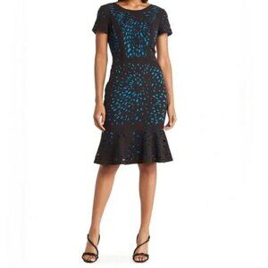 Focus By Shani Black Turquoise Laser Cut Dress With Flounce